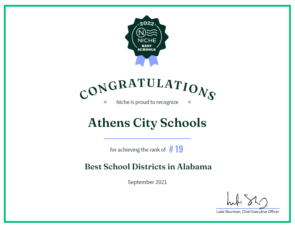 AthensALSchools's tweet photo. We are #AthensProud that Athens City Schools has recently been recognized by Niche in their 2022 Best Schools in Alabama list. We are super proud of each of our schools and &amp; the incredible work that happens in our district each and every day. #onesystem #oneheartbeat #oneAthens https://t.co/URXIgsaoPj