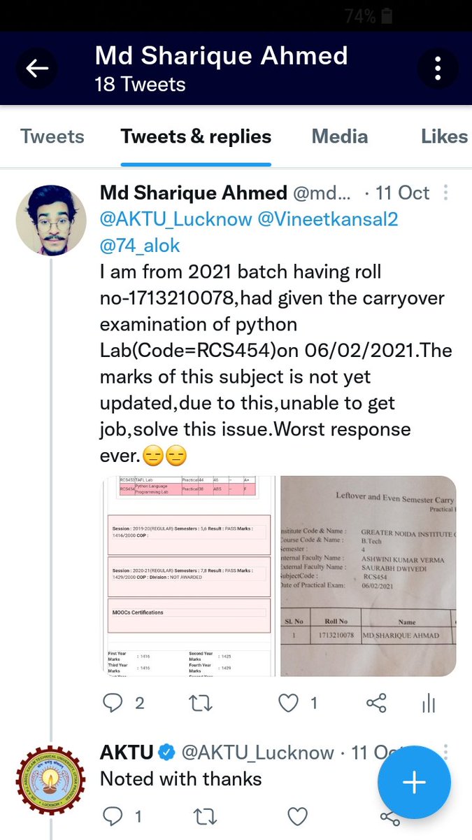 mdsac1441's tweet photo. It's been more than 6 months for my result but still not updated yet and your response same as before,due to this,i am unable to get jobs or apply any jobs in companies. I request you,solve this issue ASAP. so i can move ahead in my  career.
@AKTU_Lucknow,@74_alok,@ugc_india.🙏🙏 https://t.co/GAng1nokGd