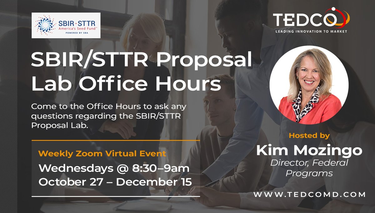 Join TEDCO's Kim Mozingo in a discussion about the SBIR/STTR program and how TEDCO can help startups: youtube.com/watch?v=o2-4vE…

Kim will also be hosting weekly Q&amp;A sessions for anyone with questions regarding the program. Register: calendly.com/kim-mozingo-te…