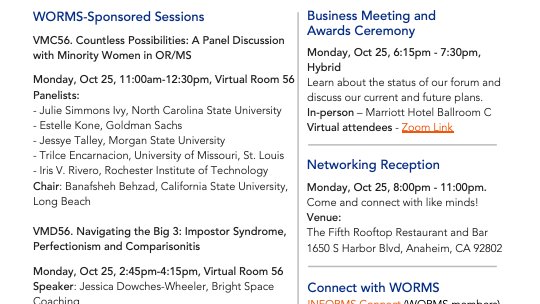 INFORMS_WORMS's tweet image. Excited to announce WORMS events at the annual meeting! See attached details. #INFORMS2021