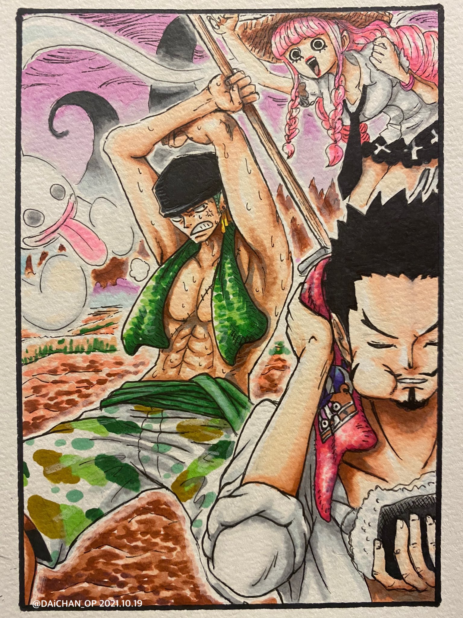 サトー D スケ ミホークとペローナとゾロが畑仕事をしているところ というリクエストで描いてみました やっぱこんな感じになるかなぁとw Onepiece イラスト ゾロ ミホーク ペローナ 今日は早め T Co Rh3wni7ftn Twitter