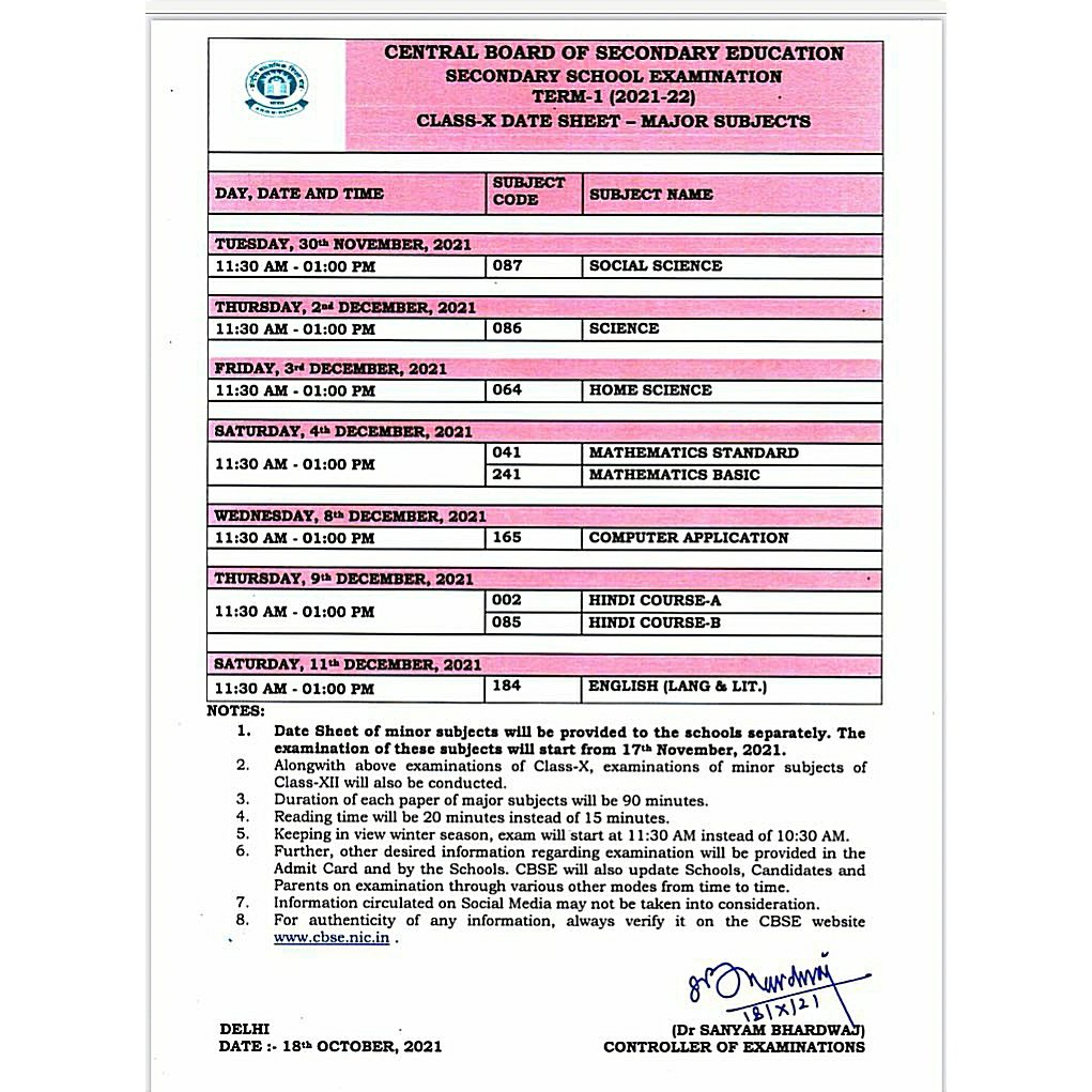 CBSEWaleBhaiya's tweet image. Date sheet of Minor Subject will be provided to the schools separately. The examination of these subjects will start from 16th November, 2021.
Other desired information regarding exam will be provided in the admit card & by the schools.
#cbsedatesheet #cbseterm1