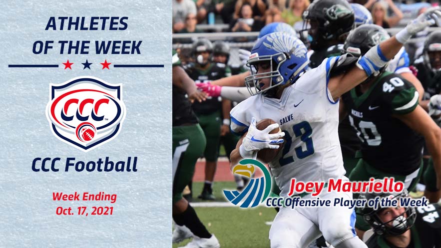 #CCCFB | Big plays keep coming for <a href="/SalveAthletics/">Salve Regina Sports</a>' Joey Mauriello. He ran for 203 yards this week, including a 56-yard TD rush. He added two more scores in the contest and was named the Offensive Player of the Week.

READ: cccathletics.com/sports/fball/2…

#d3fb