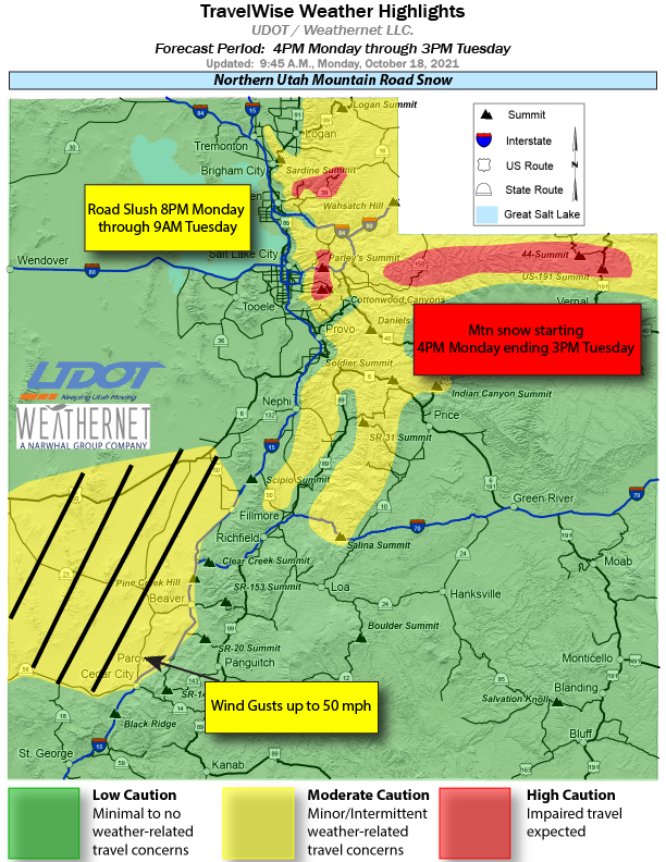 UDOTTRAFFIC's tweet photo. Road Weather Alert: Road snow to impact northern Utah mountains 4PM Monday to 3PM Tuesday. In southwest Utah expect strong winds to continue through this afternoon. For more info: https://t.co/4P1gO1U0Gg
#utwx #utwind @UtahTrucking https://t.co/eE8p956HtJ
