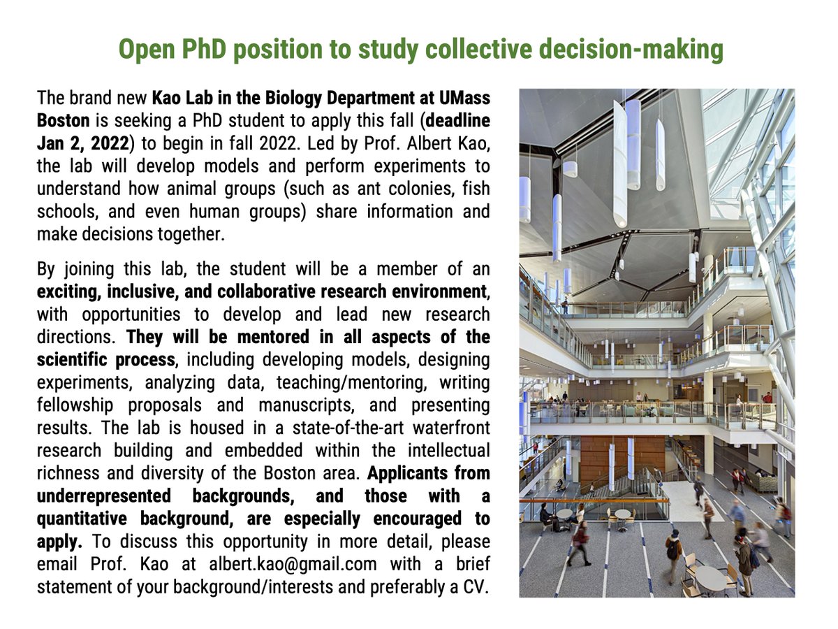 Hello Science Twitter! I will be starting my lab in the biology department at the University of Massachusetts Boston in January 2022, and I am looking for PhD students! Please share this ad widely with any who might be interested, and write to me with any student recommendations.