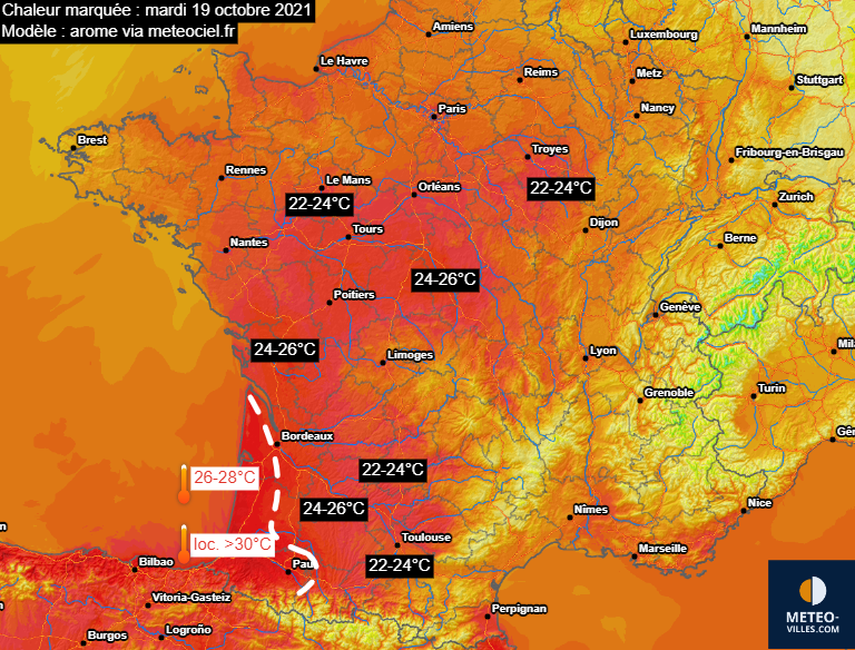 🌡️☀️La #chaleur s'annonce marquée demain mardi 19 octobre sur l'Ouest, le Centre et notamment le #SudOuest de la #France avec plus de 26-28°C, localement plus de 30°C possibles sur l'#Aquitaine et notamment les #PyrénéesAtlantiques, la #Gironde et les #Landes.