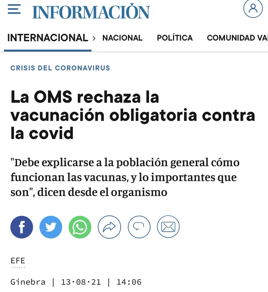 Los países de sociedades avanzadas rechazan la vacunación obligatoria ya que es inconstitucional. Soy de opinión de que la gente debe vacunarse contra el Covid19, pero de ahí a conculcar derechos constitucionales exigiendo presentación tarjeta vacunación, es inaceptable