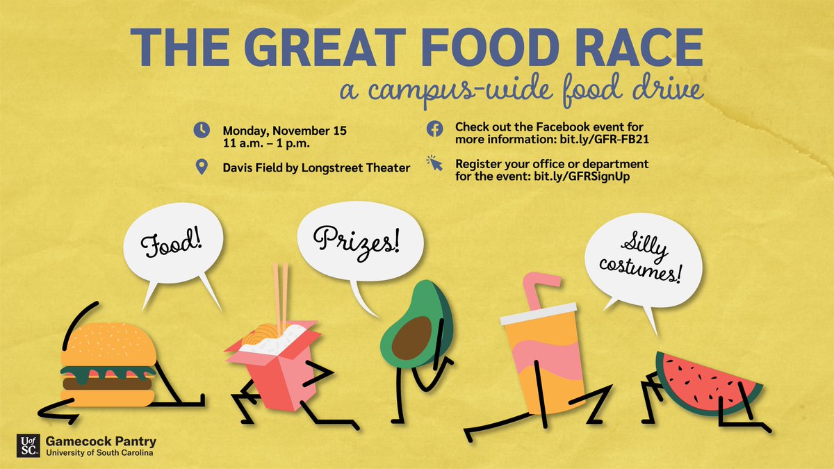 UofSC_LSC's tweet image. All units, departments, and student organizations on campus are invited to participate in the inaugural Great Food Race, a food drive that benefits the @GamecockPantry! Register for the event and learn more here: form.jotform.com/uofsc_cmcis/gr….