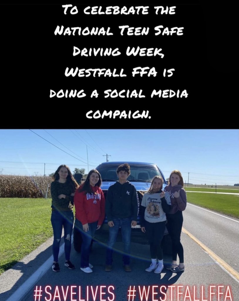 Westfall_FFA's tweet photo. We are celebrating National Teen Safe Driving Week! Stay tuned to social media updates and tips to encourage students be safe on the road! https://t.co/JGUZcJcFWA