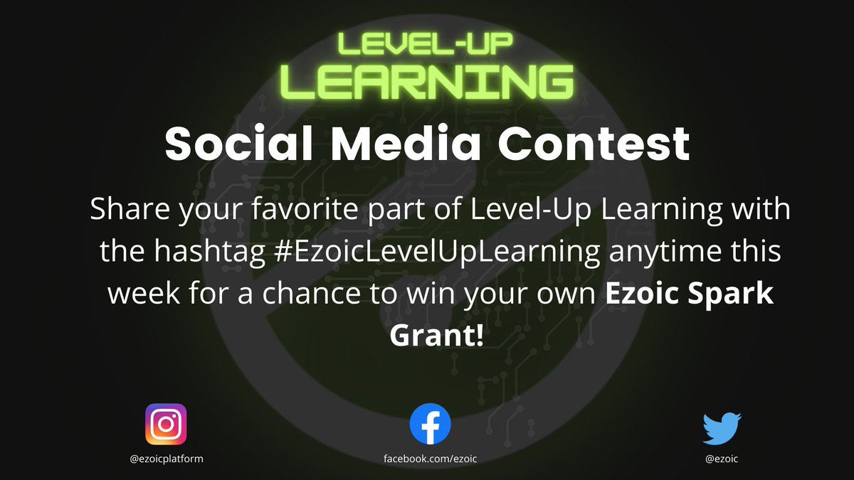 ezoic's tweet photo. Today is the DAY! Our new contest has begun! 

Post your favorite thing about being part of Level-Up Learning through Friday for a chance to win a Spark Grant. Simply include the hashtag #EzoicLevelUpLearning to be entered to win. https://t.co/WI639HAqHy