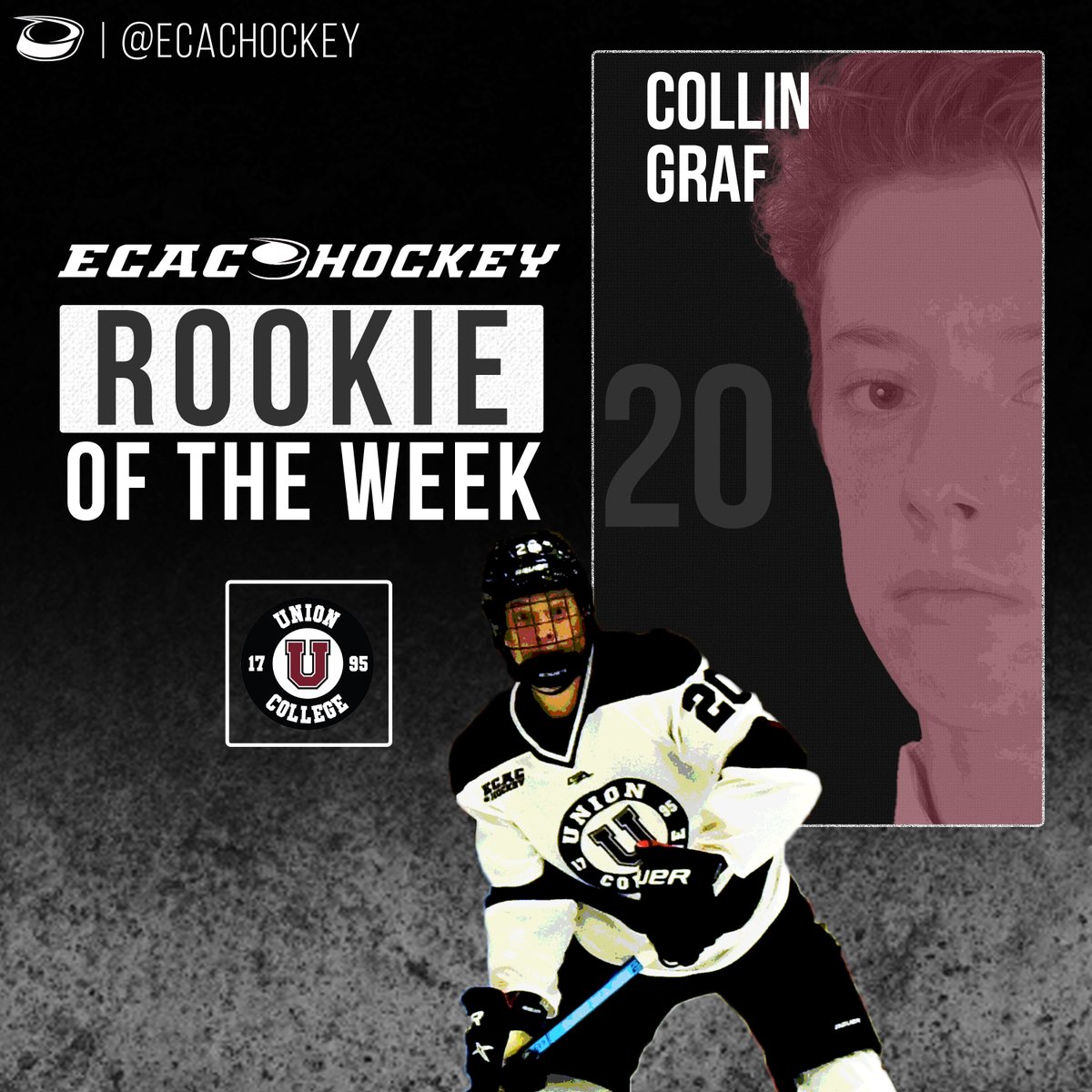 ecachockey's tweet photo. ROOKIE OF THE WEEK 🏅

Collin Graf scored the first goal of his @NCAAIceHockey career on Friday, and also assisted on the game-winner later on, helping @Unionmhockey to a 1-0-1 weekend. https://t.co/ZcrF6iUAFF