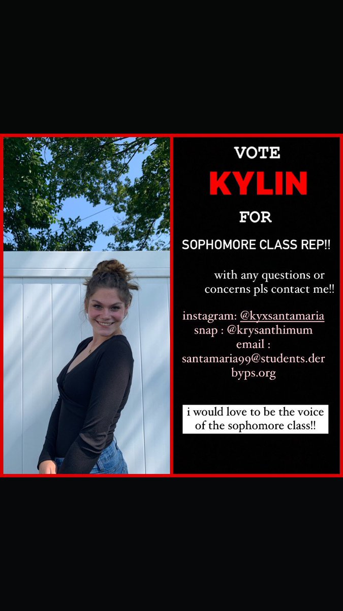 hi everyone! please vote for me for your 2021-2022 sophomore class representative, i won’t let you down!! 
<a href="/DerbyRedRaider/">Derby High School</a> <a href="/RedRaiderCT/">MaskedRedRaider</a> <a href="/CoachBainer/">Steve Bainer</a> <a href="/SymbaCoach/">Rebecca Bell</a>