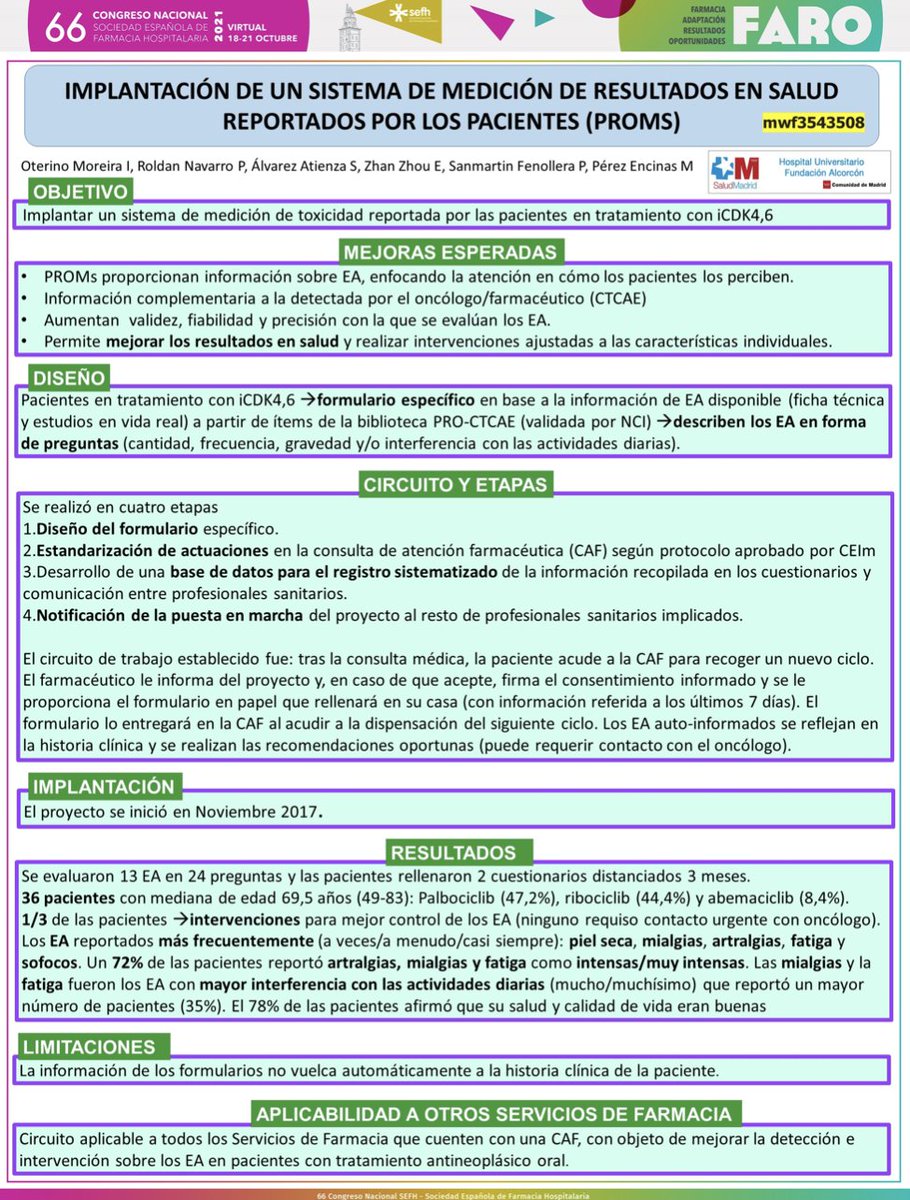 S. Farmacia HUFA (@hufafarmacia) on Twitter photo Para cambiar de enfoque os presentamos la comunicación operativa de <a href="/OterinoIvan/">IVÁN OTERINO MOREIRA</a> ➡️ Implantación de un sistema de medición de #PROMs en pacientes con cáncer de mama en tratamiento con iCDK💊 Próximo reto🔜Volcado de datos en tiempo real #sefh21 @66CongresoSEFH Para cambiar de enfoque os presentamos la comunicación operativa de <a href="/OterinoIvan/">IVÁN OTERINO MOREIRA</a> ➡️ Implantación de un sistema de medición de #PROMs en pacientes con cáncer de mama en tratamiento con iCDK💊 Próximo reto🔜Volcado de datos en tiempo real #sefh21 @66CongresoSEFH