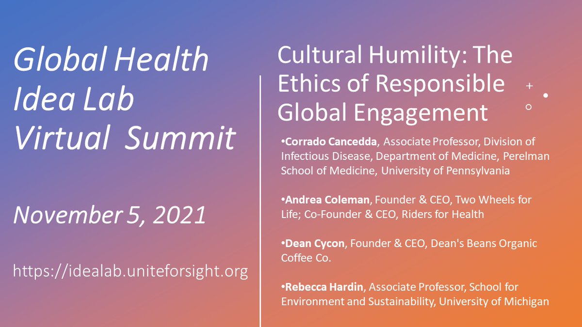 What is responsible &amp; ethical global engagement? Learn from plenary panelists Corrado Cancedda @pennmedicine, Andrea Coleman <a href="/RidersforHealth/">Riders for Health®</a>, <a href="/Deans_Beans/">Dean's Beans Organic Coffee Company</a>, &amp; @rebeccacademy <a href="/UMSEAS/">U-M SEAS</a> <a href="/UMich/">University of Michigan</a> on Nov. 5. Register for virtual summit: idealab.uniteforsight.org #globalhealth #socent