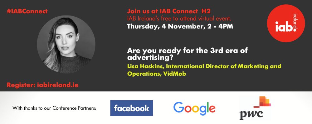 iabireland's tweet photo. Join us at #IABConnect and hear from Lisa Haskins @VidMob as she walks you through research that will prepare you for the new trends in Video, set to take our industry by storm.  https://t.co/vTZgXu9tNS 4 November 2-4pm on Zoom - free to attend! https://t.co/yPlMxsikGr