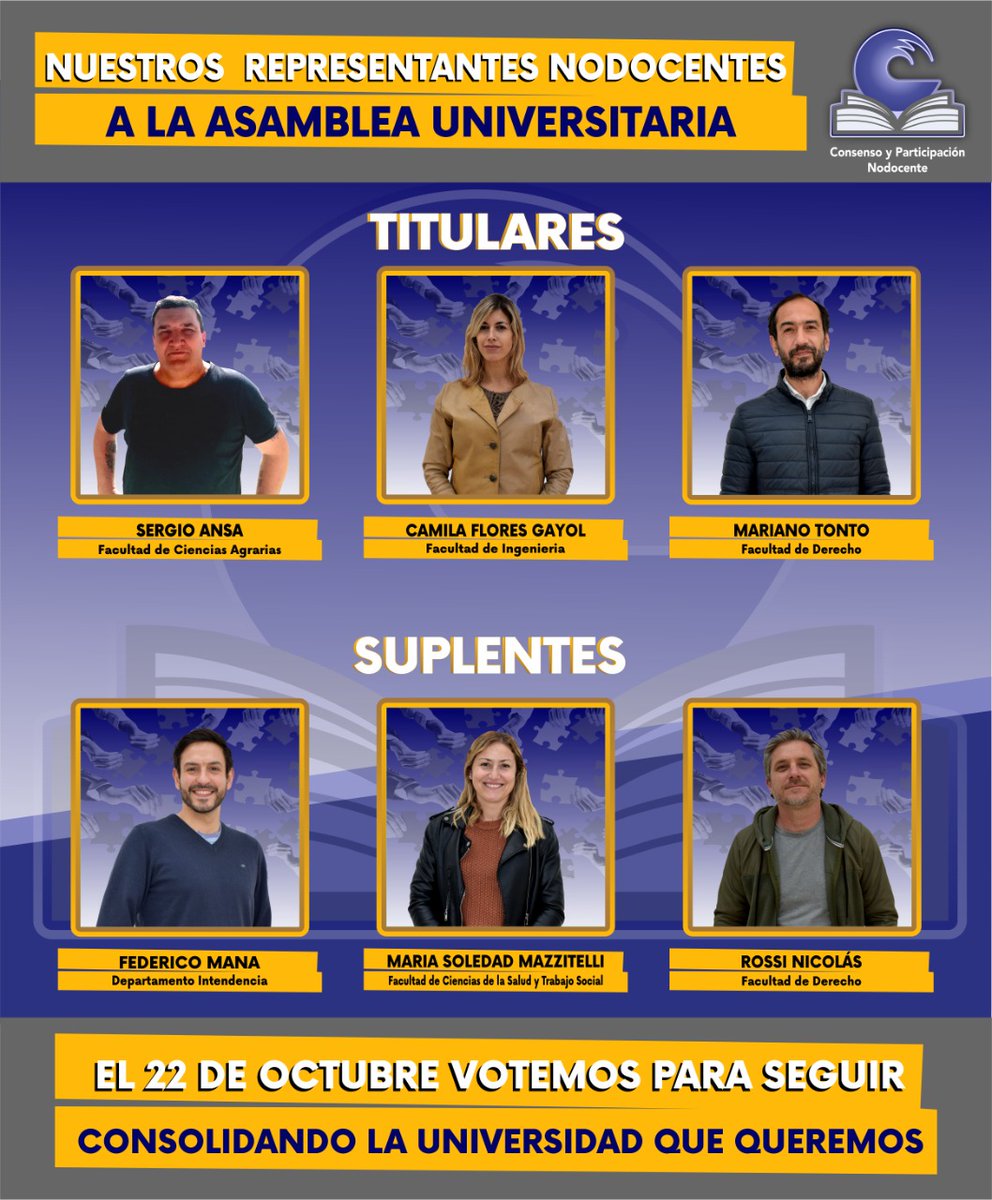 El 22/10 los No Docentes de la UNMDP votamos acompañando la formula Lazzererti/ Berardo. Acompañanos con tu voto. Estos son nuestros candidatos , Unidad , Pluralidad y Consenso .