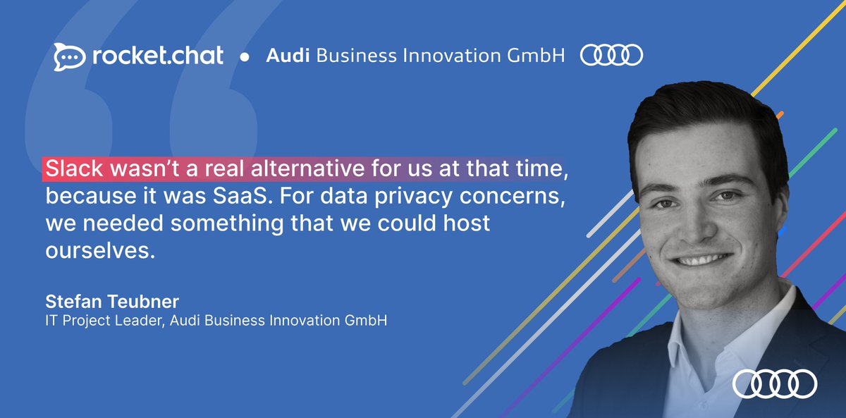 RocketChat's tweet image. After #HipChat's discontinuation in 2019, Audi Business Innovation's teams needed to find a new secure environment to collaborate. 🗨

That's when @RocketChat came into play. Learn more about how ABI saves ⅓ on #Cloud costs by self-hosting @RocketChat! 👉 bit.ly/3Azlwkm