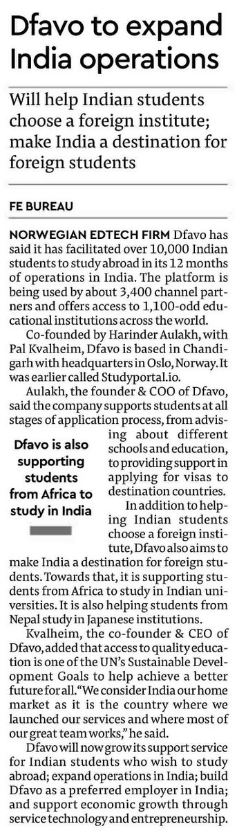 FGCTweets's tweet photo. Norwegian edtech firm #Dfavo to expand presence in India
@dfavodotcom @FinancialXpress @_vikramch
https://t.co/oy1Xf2Ryfs https://t.co/6I1jSIsCh4