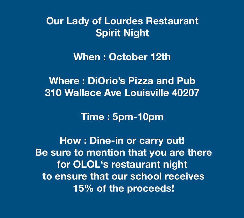 ololschoolky's tweet photo. HAPPENINGS THIS WEEK-
Dine-in or carry out at Diorio's Pizza &amp; Pub this Tuesday, Oct. 12 and help the school receive 15% of the proceeds!
Book Fair  Oct. 13 &amp; 14.  Help us reach our goal of selling 300 books! Click here to view our Book Fair homepage:  https://t.co/TkqsZtrDn4... https://t.co/jd3gC3k3Em