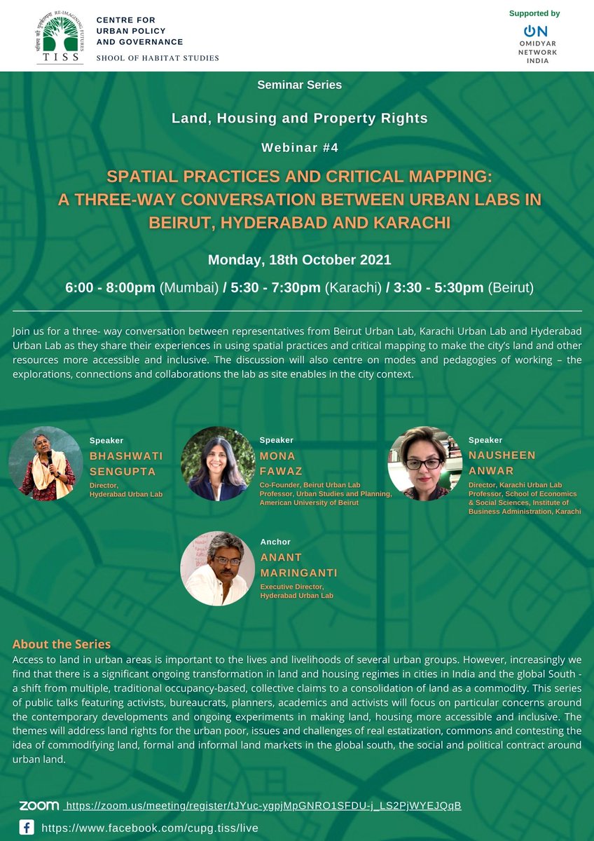 A Three-way Urban Labs Conversation on spatial Practices and Critical Mapping

Bhashwati Sengupta
Hyderabad Urban Lab @hulfoundation 

Mona Fawaz @mona_fawaz
@BeirutUrbanLab 

Prof Nausheen H Anwar @nha3383 
@KarachiUrbanLab
 
Anant Maringanti @amaringanti 
@hulfoundation