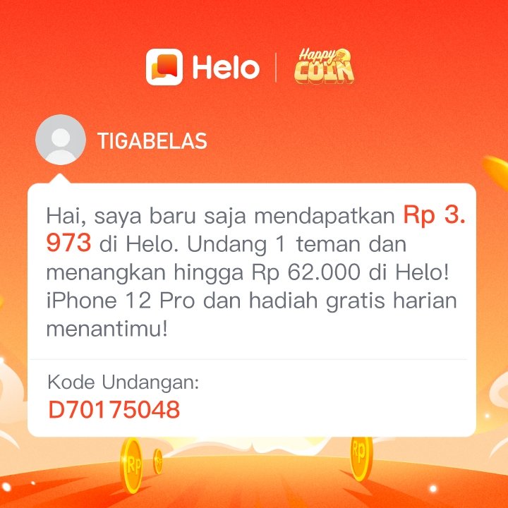 akewtigabelas's tweet photo. *Kode Undanganku: D70175048* Download Helo dan dapatkan Rp 400 langsung 🤑 dan dapatkan Rp 35.000-95.000 untuk setiap orang yang kamu undang, tanpa batas. ✅100% Nyata. Klik link berikut untuk download Helo 🔗:
https://t.co/ITv82J3Zag https://t.co/OZIqD6Co1i