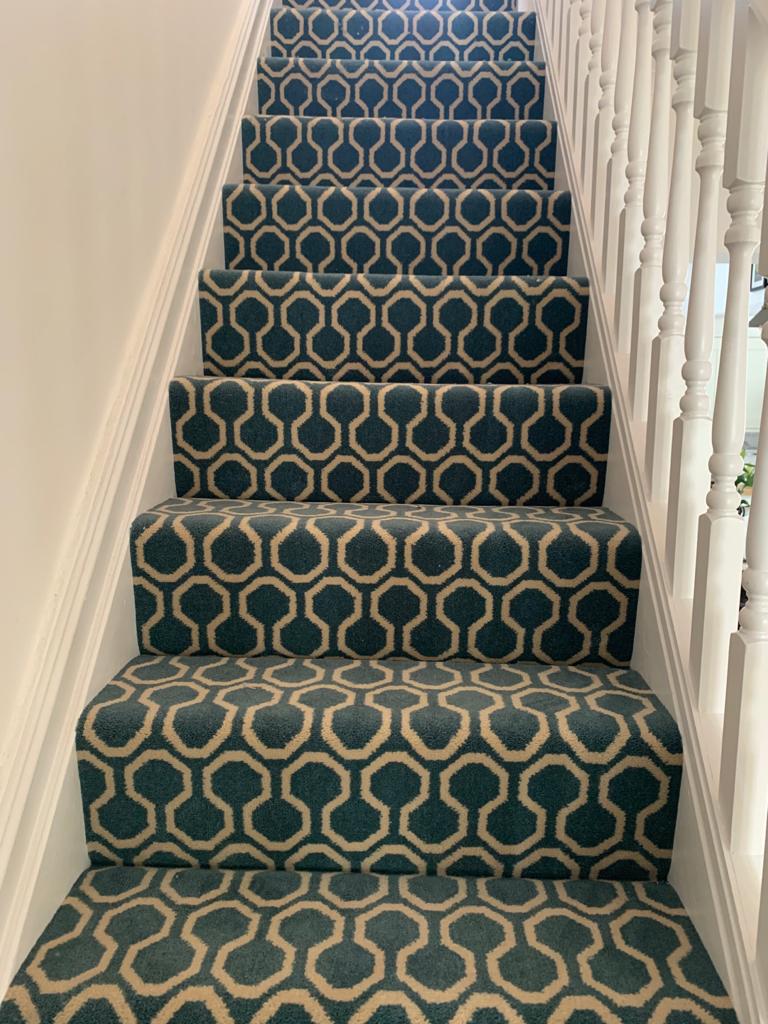 Transforming a staircase in Altrincham! 
This is the Quirky B Honeycomb 80% wool 20% nylon carpet in colour Duck Egg from Alternative Flooring.
So stylish! 🖤🖤

#stairs #carpet #flooring #altrincham