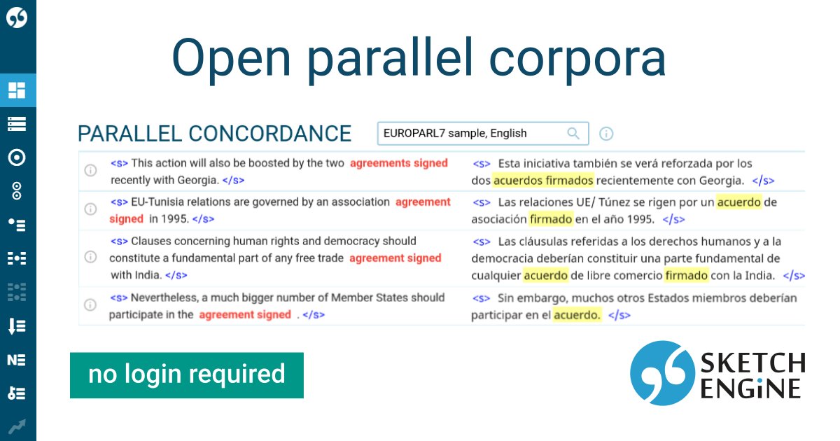 SketchEngine's tweet photo. Try parallel corpora in the open version of Sketch Engine. We published four samples of parallel corpora there.
To get more, sign up for an account and gain access to parallel corpora in 40+ languages.
#corpuslinguistics #parallelcorpus https://t.co/wlsBctbuBa