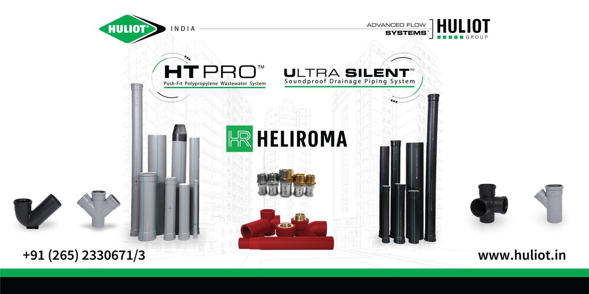 HuliotI's tweet photo. Huliot presents its World Range of Pipe fittings. Light weight, Durable, Lifespan of 100 years.

#huliotindia #huliotpipes #innovativepipes #greenpipes #residentialconstruction #commericalproject #plumbingsolutions #drainagesolutions #contruction #madeinindia #mumbai #india https://t.co/4x9TxqDynu