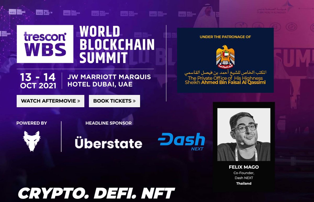 dashphp's tweet image. Dash Next is platinum partner at the 19th edition of the World Blockchain Summit from 13th to 14th October. Felix Mago is also speaking live in Dubai at the Blockchain week to represent Dash. Get more details over the link below: tresconglobal.com/conferences/bl…