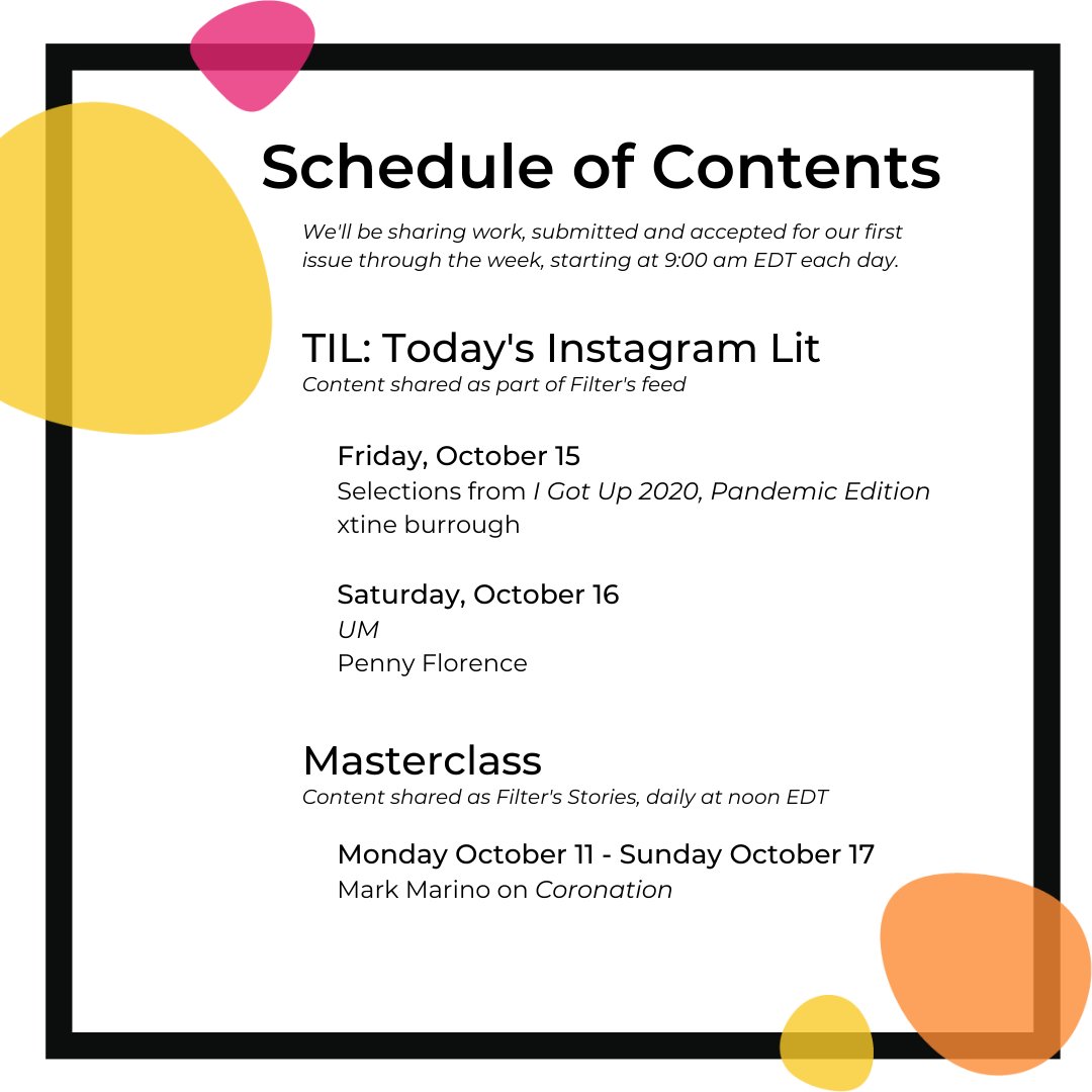 We've officially launched! 

If you aren't already there, head over to our Instagram page @/FilterInstaZine for our Inaugural Issue: What is Instagram #ELit?  

Many  thanks to our issue 1 editorial team: @DrSarathena192, @mean_neen, <a href="/stridentsoprano/">Dr. Erin Kathleen Bahl</a>  &amp; @Emily_F_Brooks 

Enjoy!
