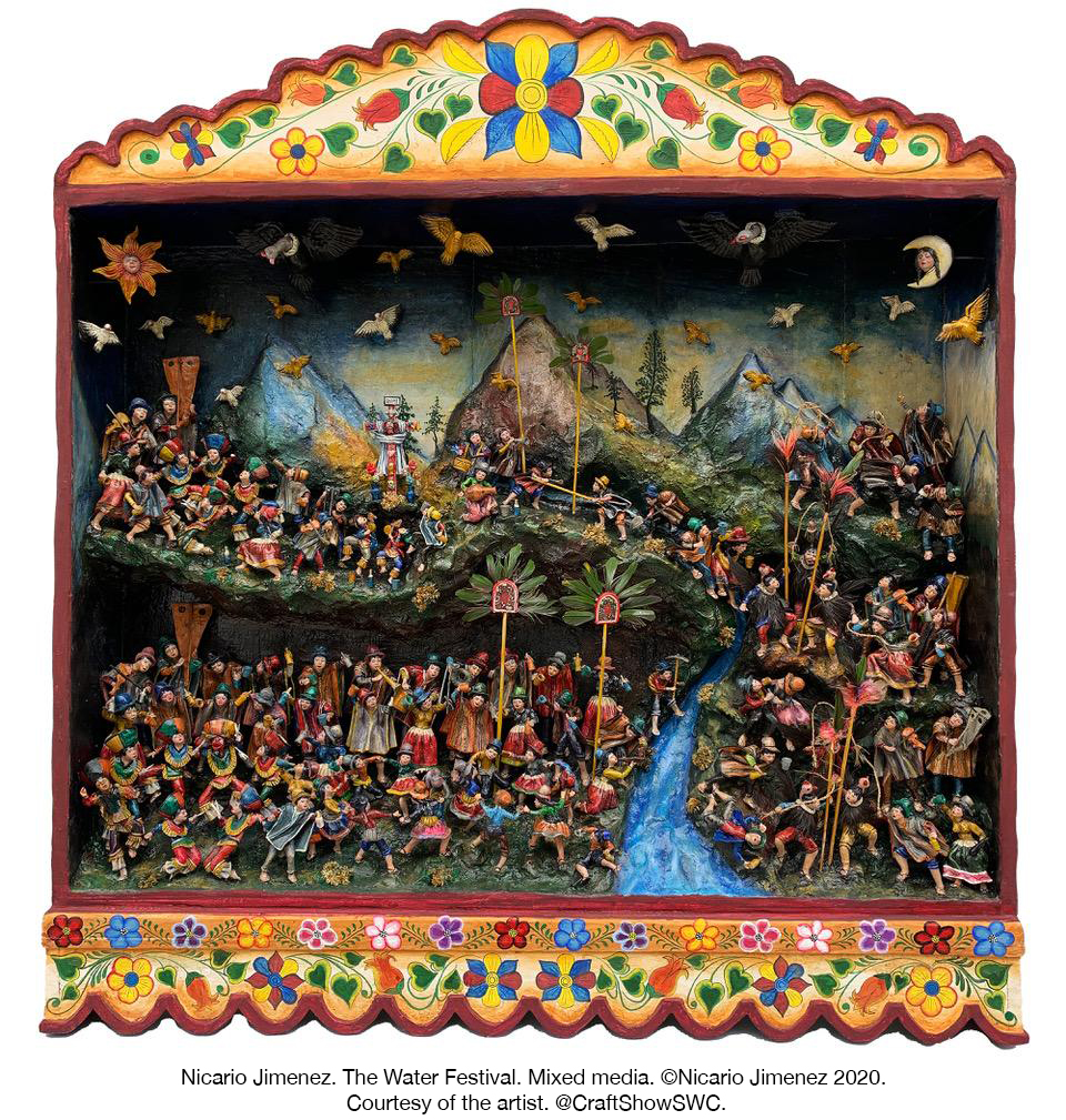 Honoring_Future's tweet photo. Today, #IndigenousPeoplesDay, we celebrate Nicario Jimenez’s retablos. Jimenez’s powerful Water Festival tells the story of an #Andean community making offerings and beseeching the apus (mountain gods) for protection from the ravages of climate-induced drought. @CraftShowSWC https://t.co/LUxJizsY6k