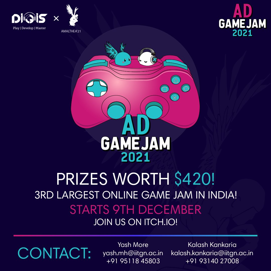 Amalthea IITGN on Twitter: "Amalthea, in collaboration with DigiS, presents  AD GameJam. With exciting prizes over $420, get ready to join us in one of  this year's biggest Online Game Jams of