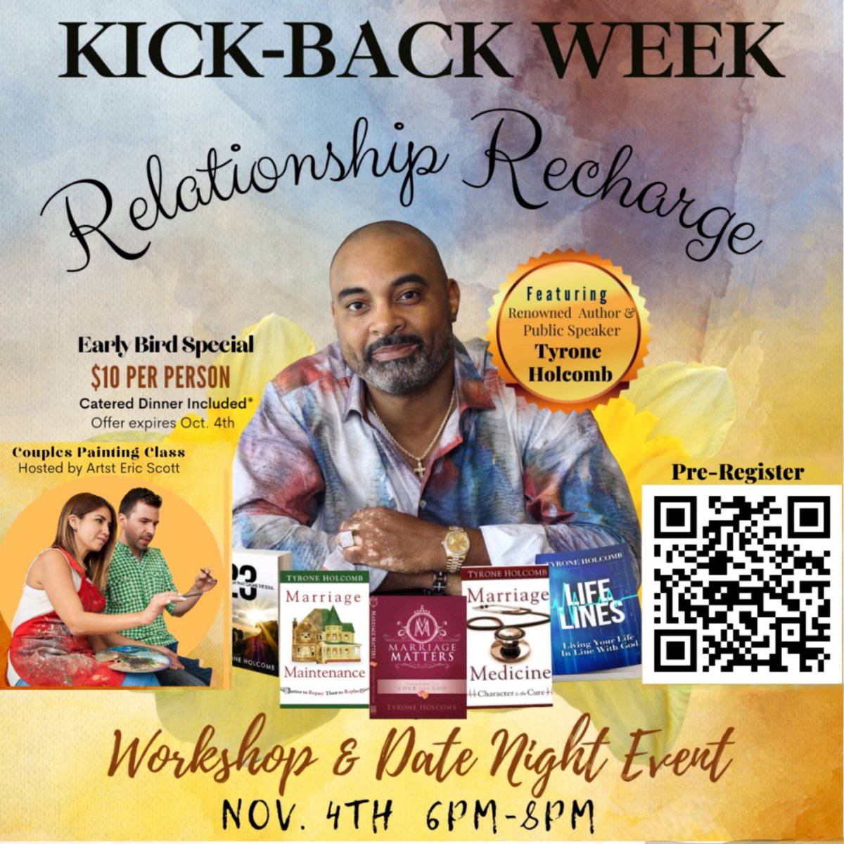 We will be hosting a Relationship Recharge Workshop &amp; Date Night event during Kick-Back Week on Nov. 4th from 6pm-8pm. Pre-register to attend a painting class, catered dinner, &amp; relationship workshop hosted by renowned Author &amp; Public Speaker Tyrone Holcomb. #swacctamuct #tamuct