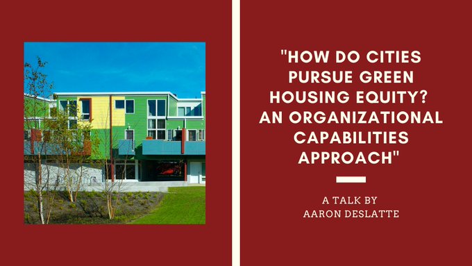 Wednesday at 11: <a href="/adeslatte/">aaron deslatte</a> @IUONeillSchool joins <a href="/UMassPolicy/">UMass Public Policy</a> &amp; <a href="/UMassISSR/">UMass Institute for Social Science Research</a> for "How Do Cities Pursue Green Housing Equity?" Campus Center 904. Open to the <a href="/UMassAmherst/">UMass Amherst</a> community. Register: bit.ly/3lo4Bx2