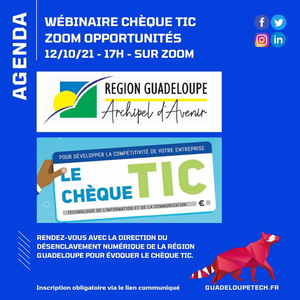 C'est DEMAIN ! 
Inscrivez-vous pour assister à ce FOCUS opportunités by Guadeloupetech et obtenir toutes les informations sur le dispositif Chèque TIC. Le lien zoom.us/meeting/regist…

#numérique #Guadeloupe #tech