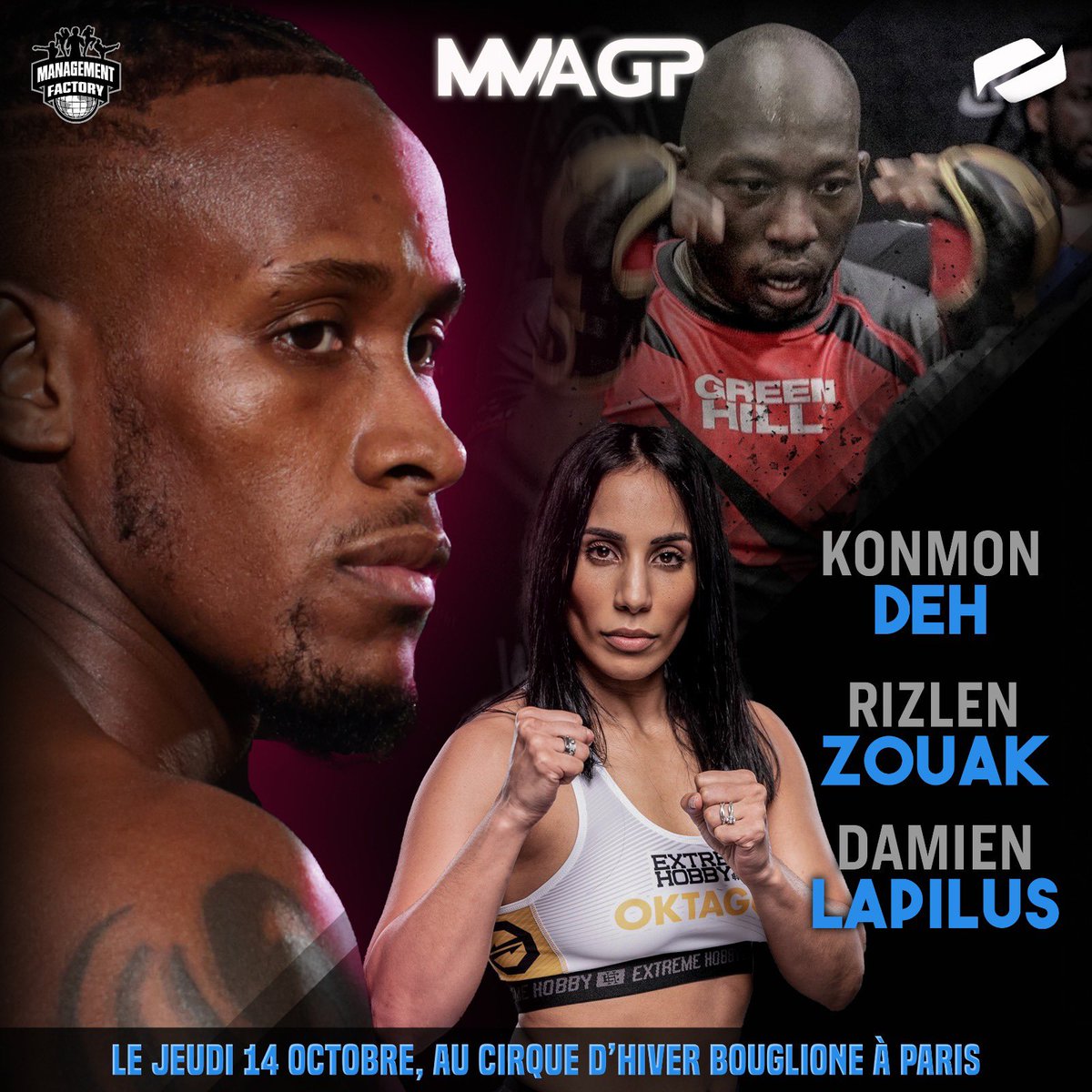 SarfatiBenjamin's tweet photo. On embraye sur la préparation de nos 3 athlètes @rizlenzouak, @LapilusDamien et @konmon_deh qui combattent ce jeudi 14 octobre au MMA Grand Prix‼️

📍L’événement se déroulera au Cirque d’Hiver Bouglione à Paris.

➡️ Voici le lien de la billetterie : https://t.co/hXJhWxsSsC https://t.co/dHgydP2iB3