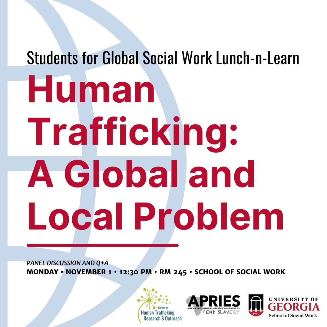 APRIES_team's tweet photo. APRIES and @cenhtro staff will be joining students at @UGAglobalSW @ugasocialwork to discuss how the fight to #EndHumanTrafficking is a global and local one. Join us! 

#AntiTIP #EndTrafficking https://t.co/OYgjsanNZG