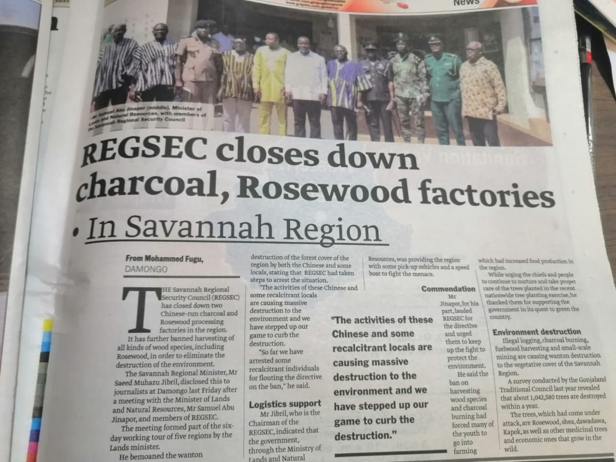 arochaghana's tweet photo. Climate Action!
"The Savannah Regional Security Council (REGSEC) has closed down two Chinese-run charcoal and Rosewood processing factories in the region. "
𝐒𝐨𝐮𝐫𝐜𝐞: 𝘿𝙖𝙞𝙡𝙮 𝙂𝙧𝙖𝙥𝙝𝙞𝙘. 𝙈𝙤𝙣𝙙𝙖𝙮, 𝙊𝙘𝙩𝙤𝙗𝙚𝙧 11, 2021. 𝙋𝙖𝙜𝙚 65
@KasaInitiative  @ForestWatchGh https://t.co/zLPM957l0A