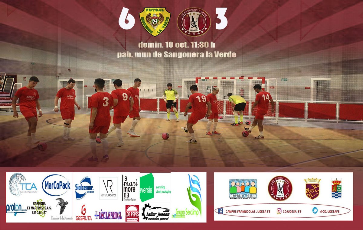 Nuestro equipo senior cae ante un gran equipo, cota seguir remando todos en la misma dirección 
@futsalmsc 6 - 3 cd judesa-serclimp molina 
#somosjudesa #somosfutsal #somosmolina #ayuntdemolinadesegura