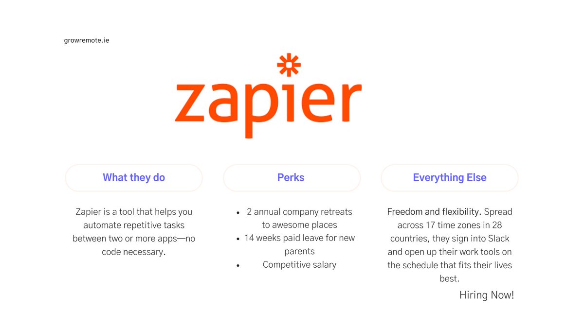 .<a href="/zapier/">Zapier</a> do remote working so well they've written books on it. 

The team of 250+ look after 1 million+ customers and are hiring for 29 currently open roles:

 jobs.growremote.ie/job/https-zapi…

#JobFairy