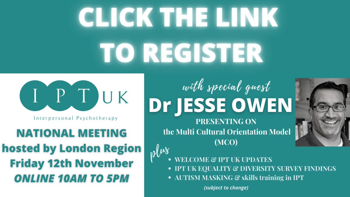 IPT UK NATIONAL MEET - REGISTER HERE eventbrite.co.uk/e/183153124927
#IPTUK #IPT #iptuk #interpersonalpsychotherapy #iptuknationalmeeting