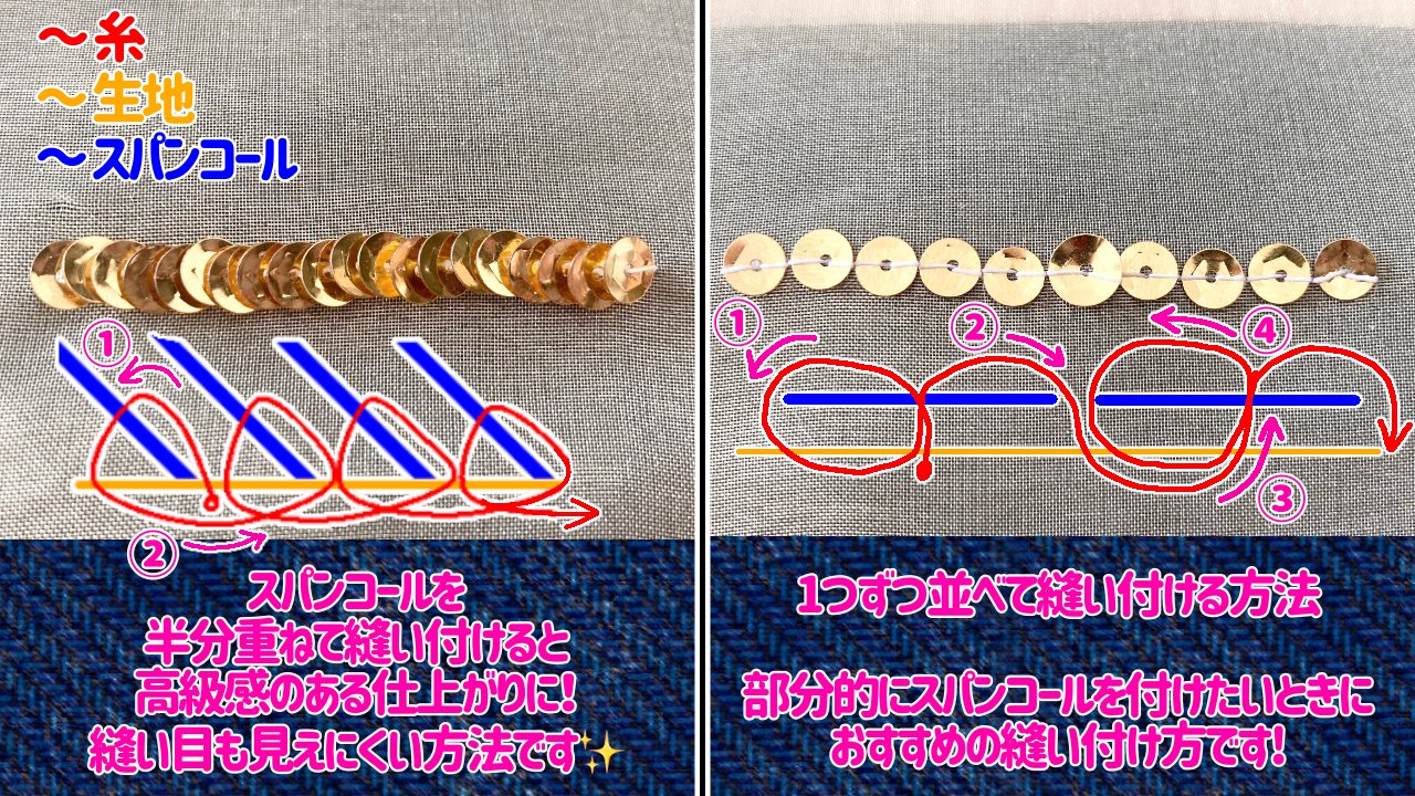 キャラヌノ スパンコールの縫い付け方法 衣装の装飾に スパンコールの縫い付け方３種類のご紹介です 縫い付け方を変えるだけでかなり印象が変わります 仕上げたいイメージに合わせて縫い付け方を変えてみてくださいね T Co