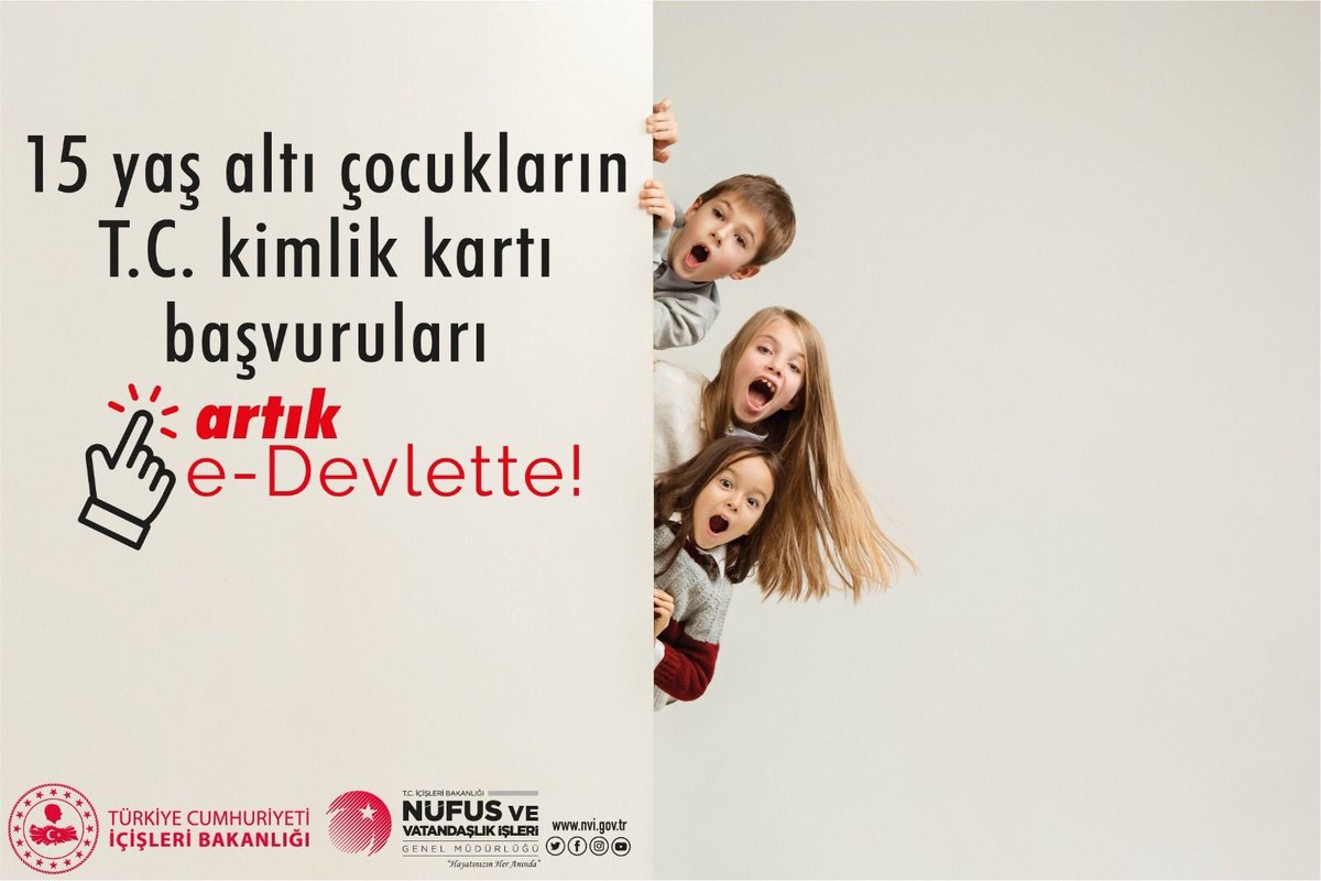 Çocuğunuzun kimlik kartı başvurusu için nüfus müdürlüğüne gitmenize gerek yok❗
Velisi ya da vasisi olduğunuz 15 yaş altı çocuğunuzun T.C. Kimlik Kartı başvurusunu;
✅SMS Doğrulama
✅Mobil İmza
✅e-İmza ile
e-Devlet Kapısı üzerinden gerçekleştirebilirsiniz.
#HayatınızınHerAnında