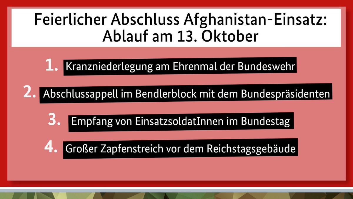 Save the Date: Am Mittwoch ist es soweit - wir würdigen unsere Soldatinnen und Soldaten, die 20 Jahre in Afghanistan im Einsatz waren. #2001Afghanistan2021 war die intensivste Mission der #Bundeswehr. In der letzten Woche starteten wir die Aufarbeitung mit einer Bilanzierung.