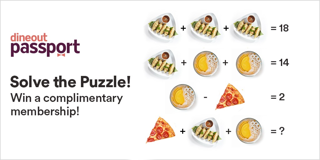 dineoutpassport's tweet photo. #Contest
A Premium ALL-INDIA #Dineoutpassport membership worth Rs 2,999, is waiting for you! Solve the puzzle &amp; get a chance to WIN!  

T&amp;C: 
-Follow us!
-Like &amp; Retweet the post!
-Tag a friend &amp; answer!

#Giveaway #contestindia #Giveaways #ContestAlert #free https://t.co/XlHkJ76sR6
