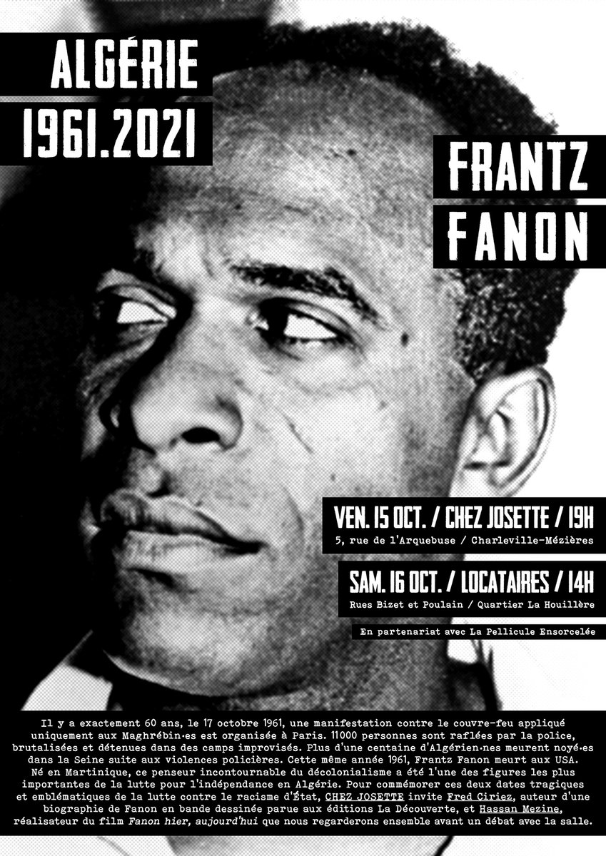 1961-2021 Algérie

Il y a 60 ans, la police française raflaient 11000 personnes et tuaient une centaine d'Algérien·nes à Paris.

Cette même année Frantz Fanon mourait.

<a href="/ChezJosette/">Chez Josette</a> reçoit <a href="/fciriezz/">Frédéric Ciriez</a> pour sa BD &amp; Hassan Mezine pour son film sur Fanon.

Vendredi 19h &amp; Samedi 14h⬇️