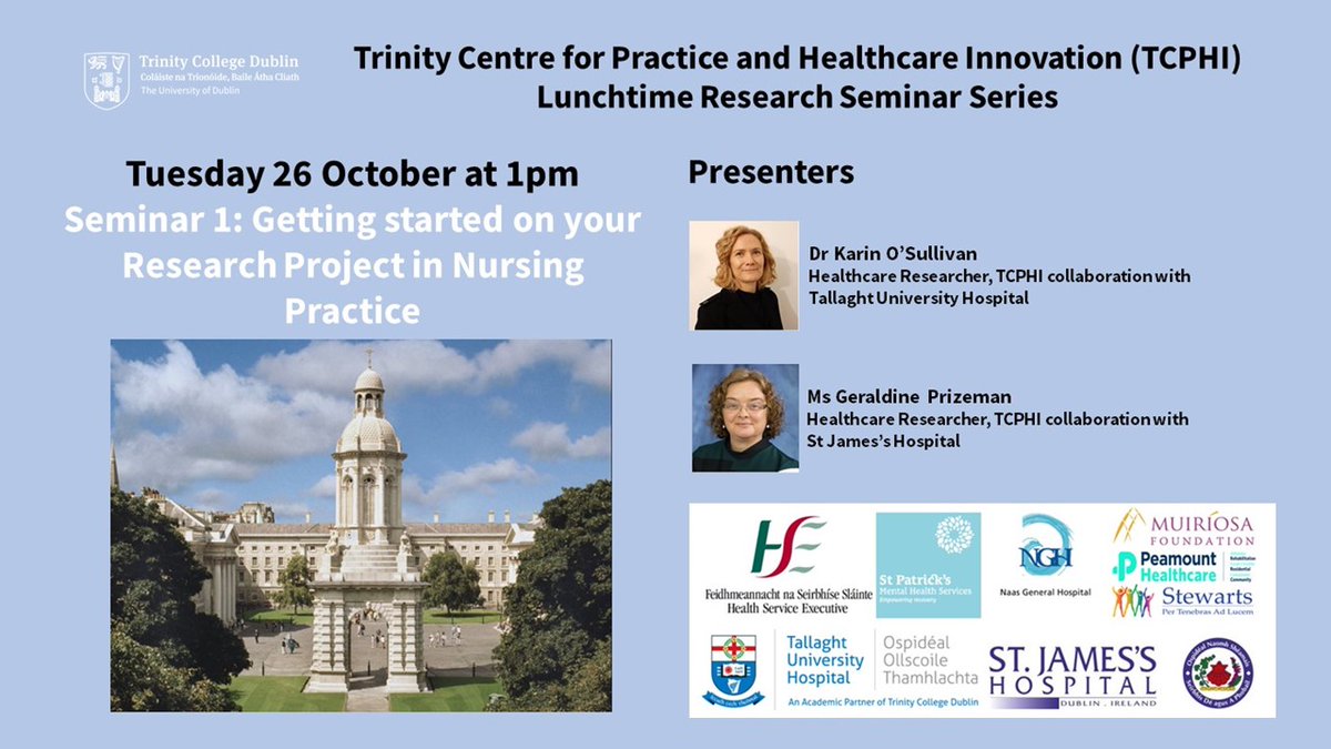 TCPHI_TCD's tweet photo. Calling all nurses from @stjamesdublin, Tallaght University Hospital, Naas General Hospital, Intellectual Disability services &amp; @StPatricks. Register to attend an online lunchtime research seminar on 26th October to get started on your research project.  
https://t.co/BKf24weKO9 https://t.co/KgNsQUDU7O