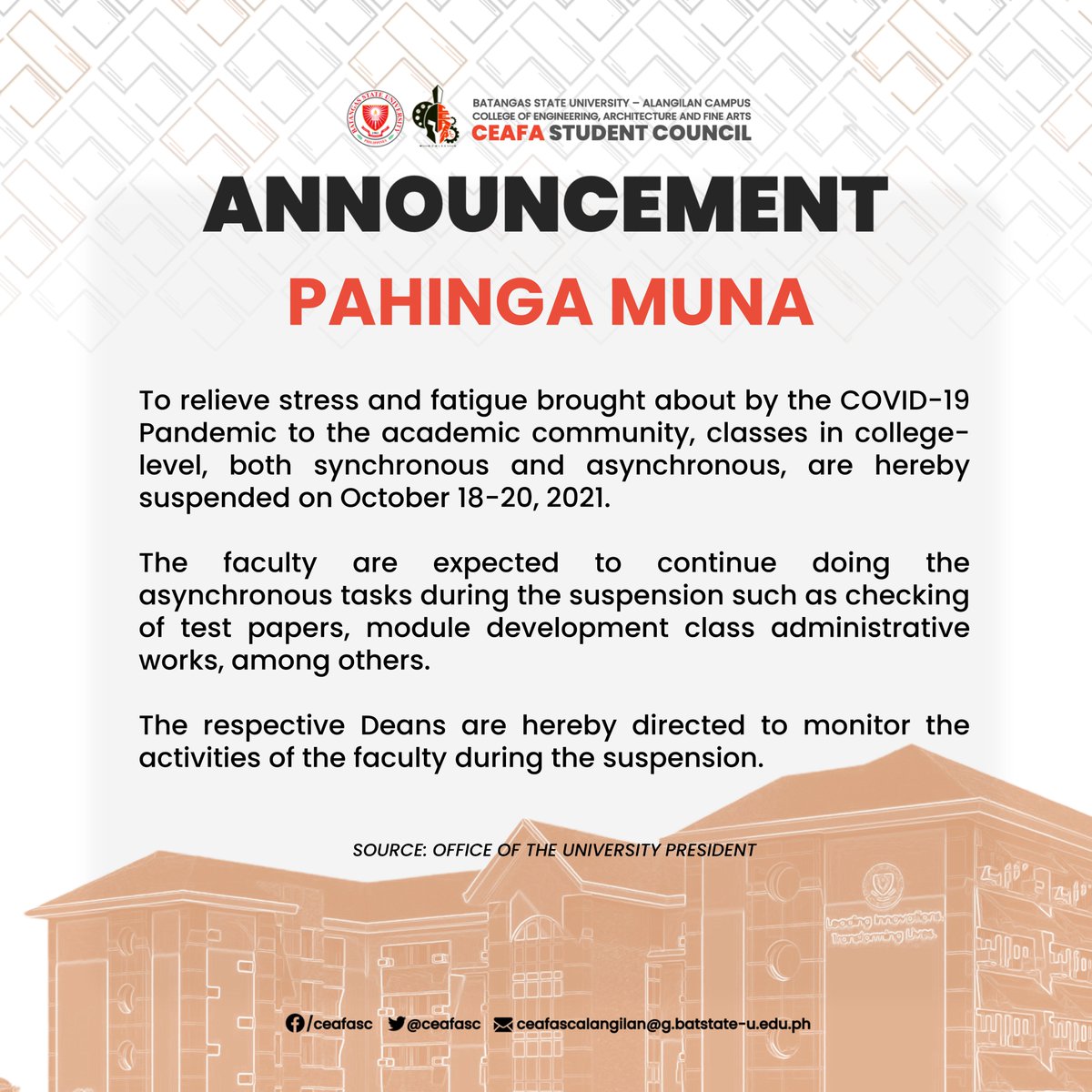 coealangilan_sc's tweet photo. ACADEMIC BREAK ALERT!
PAHINGA MUNA CEAFAmilya!
To relieve stress and fatigue brought about by the COVID-19 Pandemic to the academic community, classes in college-level, both synchronous and asynchronous, are hereby suspended on October 18-20, 2021.
#BatStateU https://t.co/FtRX4x5Oif