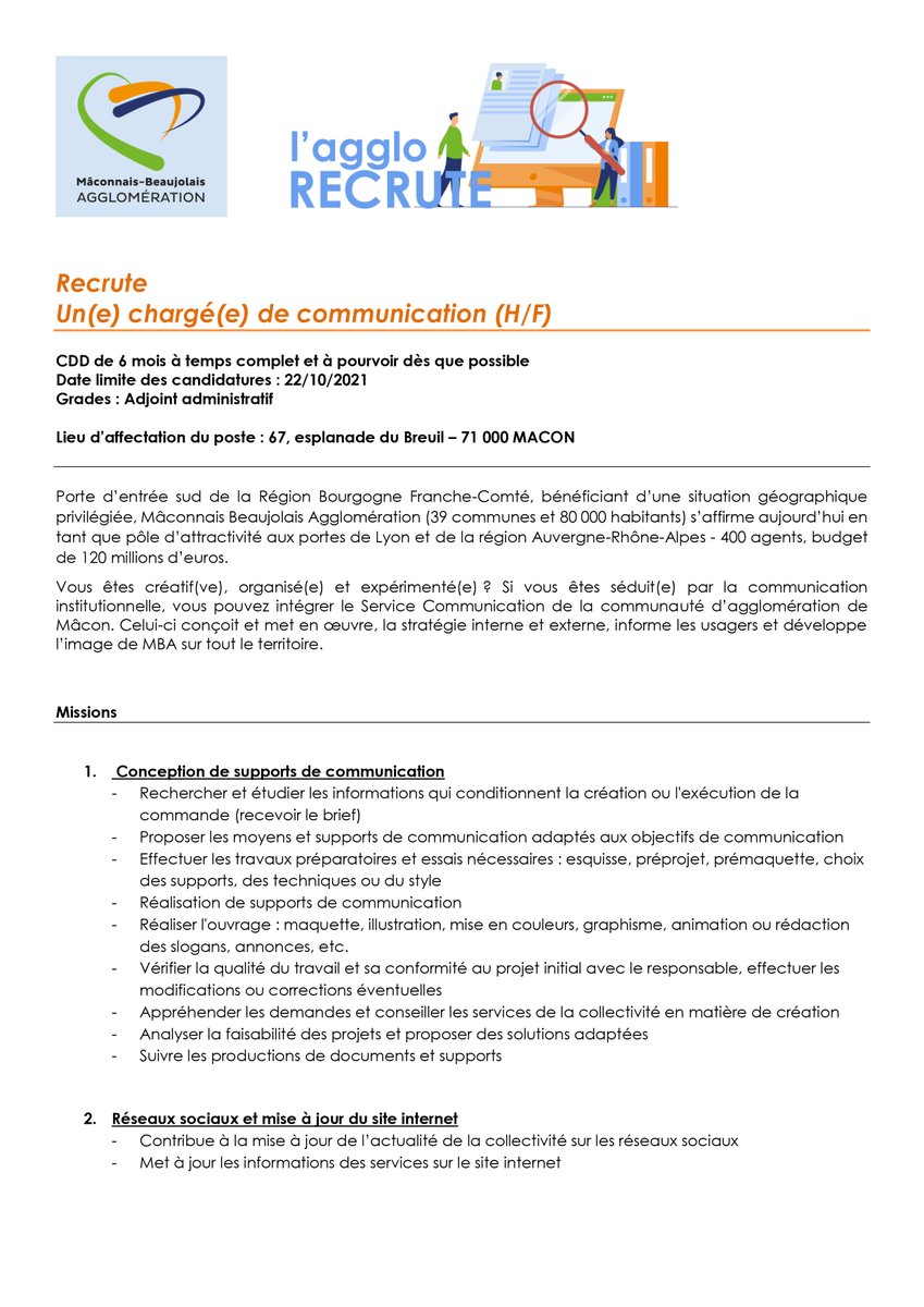 MB_Agglo's tweet photo. RECRUTEMENT //
Vous êtes créatif(ve), organisé(e) et expérimenté(e) ? Si vous êtes séduit(e) par la communication institutionnelle, vous pouvez intégrer le Service Communication de la communauté d’agglomération de Mâcon. Offre sur https://t.co/JfJu8UIxMr #chargedecommunication https://t.co/wIbF42DnwG