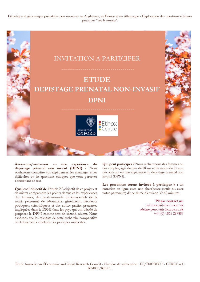 AdelinePerrot1's tweet photo. Avez-vous fait l'expérience du #DPNI (Dépistage prénatal non invasif) ? Des chercheuses du centre Ethox (Oxford) mènent une étude sur le DPNI. Les femmes/couples de France qui se sont vu proposer un DPNI pendant leur grossesse sont invité.e.s à participer à un entretien. https://t.co/oqkIKrW6CS